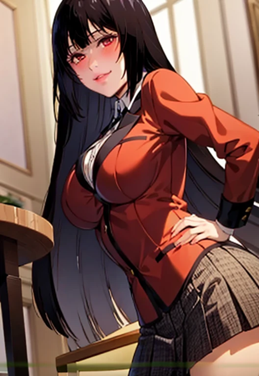 (best quality:1.1), (artwork:1.4), close up, Portrait, 1 girl, Jabami Yumeko, red school uniform, Blunt bangs, Black hair, Black skirt, Looking at viewer,