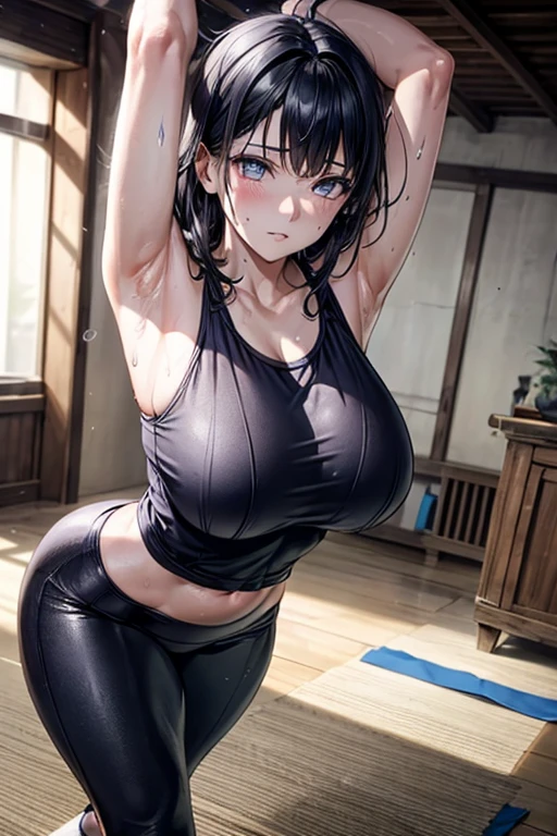 masterpiece, Highest quality, (Unreal Engine), reality, Super Resolution,  Very detailed, Complex, colorful, Clear images, Sharp focus, Digital Blending, 

Beautiful woman, Hyuuga Hinata, Big Breasts, Perfect Eyes, Beautiful Eyes, Perfect Face, Ultra detailed hair, Ultra detailed face, Very detailed lips, Vivid expression, Healthy Body, Beautifully detailed sweat glands, Smooth skin texture, Beautiful Skin, Carefully drawn,

((humidity:1.3), Sticky with sweat), (Wear a tight yoga suit, ,Hot Yoga, Sweat makes yoga wear transparent, Sweat accumulates on the floor), Dynamic pose, 

indoor, Hot Yoga Gym, (Shot on Sony α9, Dynamic Angle), 

