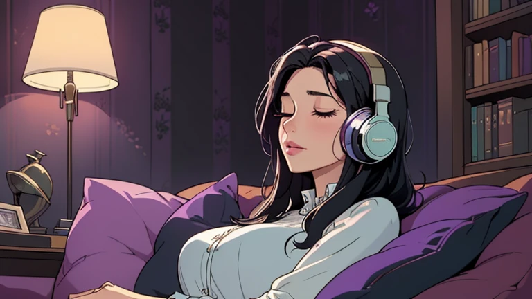 Beautiful woman in her 30s with black hair is sitting with headphones on the sofa. Looking down, eyes closed, LOFI girl, alone in the room, blouse, cozy wallpaper, big cushion, bookshelf, relaxing mood, night core, cozy, wide glass window with skyscrapers, outside view at night, only five fingers, purple wall,