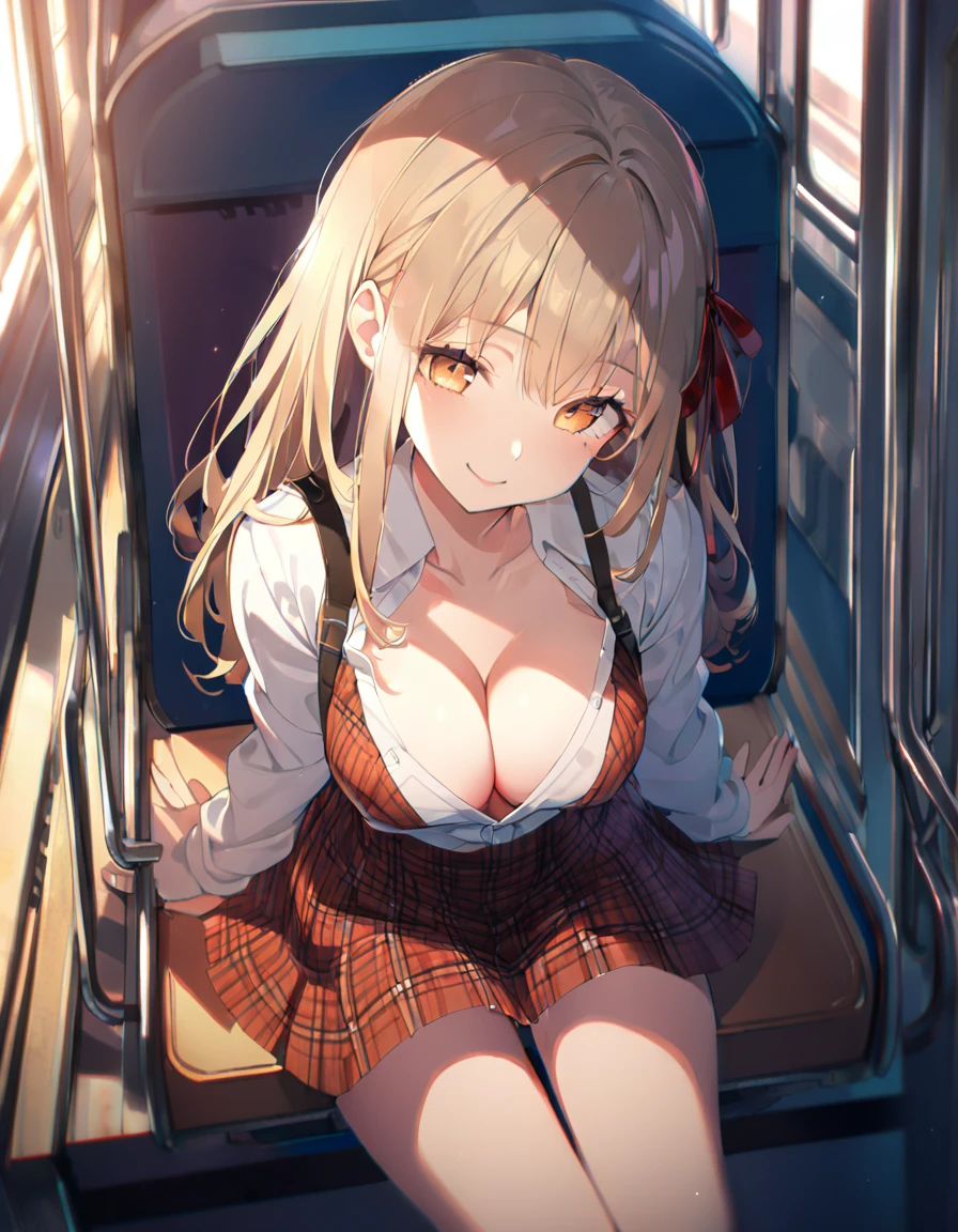 (8K:1.5),anime, cute,high school girl,bend forward,Upper body only, F-cup bust, ribbon, plaid skirt, glowing skin,On train, sitting, looking down from above, smiling, natural makeup, eyeliner