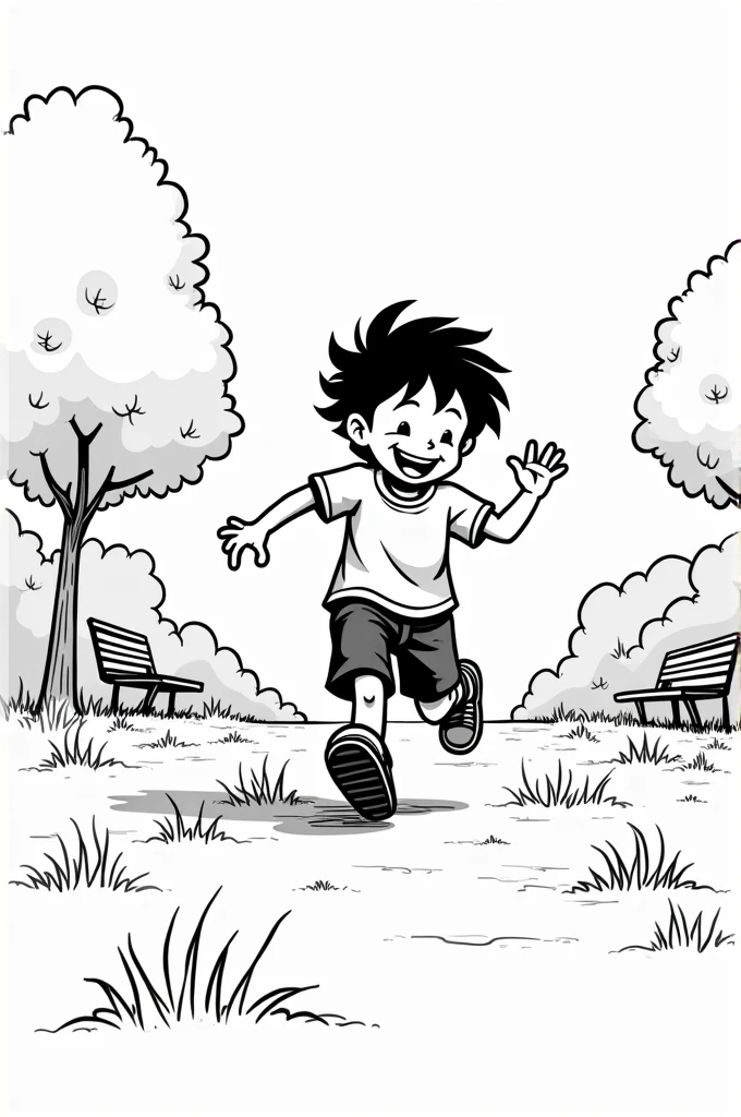 boy playing in a park Mafalda style in black and white