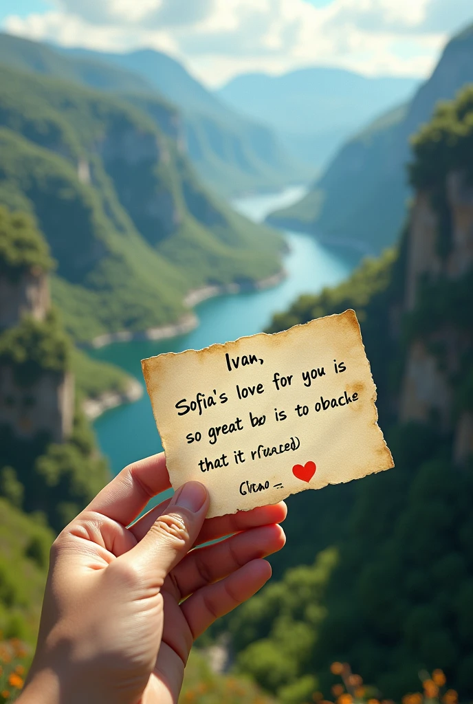 Well, give me realistic landscapes where you can see that in each landscape there is a note held by a hand that says: ivan, Sofia's love for you is so great that it reached (and you put the name of the place in the landscape)