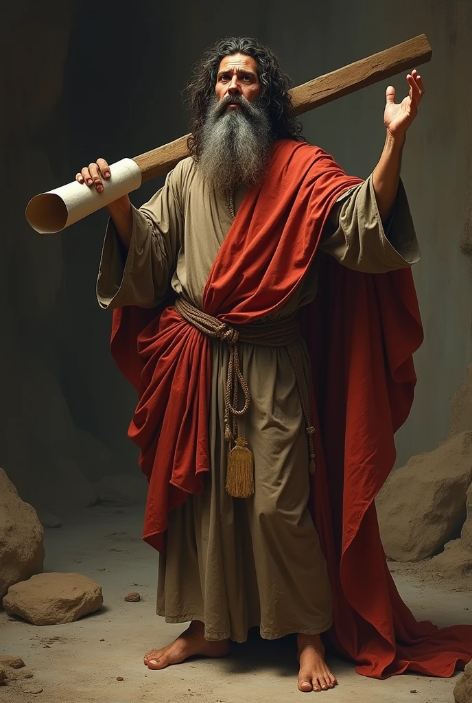 Realistic image of Saint John the Baptist, he has a large, gray and tangled beard, tangled and messy dark hair, he wears a tunic made of lion skin and a red cloak draped over his shoulders, he has bare feet on the dirt floor, a dirty appearance, he has a Looking like a madman, he carries in his left hand a thin cross the size of his body with white paper rolled up and flowing and his right hand is up with the finges pointing to heaven.