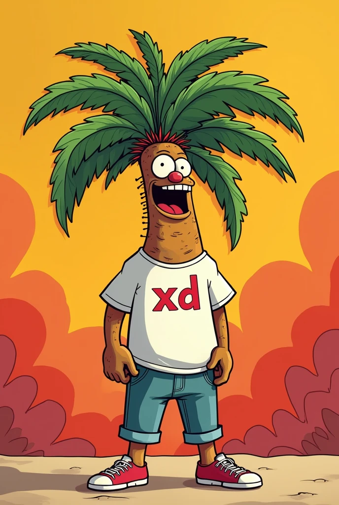 Green palm tree without a face with a t-shirt on saying XD in the foreground, angry 2D style 