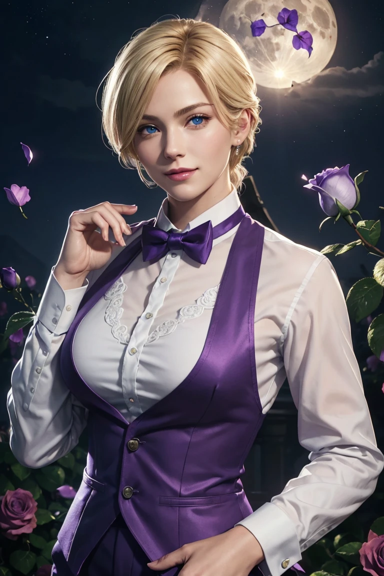 KOF,King of Fighters,King,Blue Eyes,Blonde Hair,Medium Hair,White long shirt,Purple vest,A bow tie,Beautiful white skin,Photorealistic,Ultra HD,high quality,masterpiece,Digital SLR,Detailed details,Intricate details,Anatomical basis,Depicted in detail,A detailed face,Realistic skin texture,Vivid details,Perfect Anatomy,Perfect Anatomy,Anatomically correct hand,Anatomically correct fingers,Super Detail,Complex 3D rendering,Sexy pose,Fantasy worldview,Beautiful Full Moon,,Beautiful night sky,Purple rose petals fluttering,Picturesque,Pink Lips,smile,