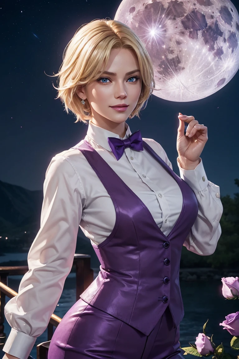 KOF,King of Fighters,King,Blue Eyes,Blonde Hair,Medium Hair,White long shirt,Purple vest,A bow tie,Beautiful white skin,Photorealistic,Ultra HD,high quality,masterpiece,Digital SLR,Detailed details,Intricate details,Anatomical basis,Depicted in detail,A detailed face,Realistic skin texture,Vivid details,Perfect Anatomy,Perfect Anatomy,Anatomically correct hand,Anatomically correct fingers,Super Detail,Complex 3D rendering,Sexy pose,Fantasy worldview,Beautiful Full Moon,,Beautiful night sky,Purple rose petals fluttering,Picturesque,Pink Lips,smile,