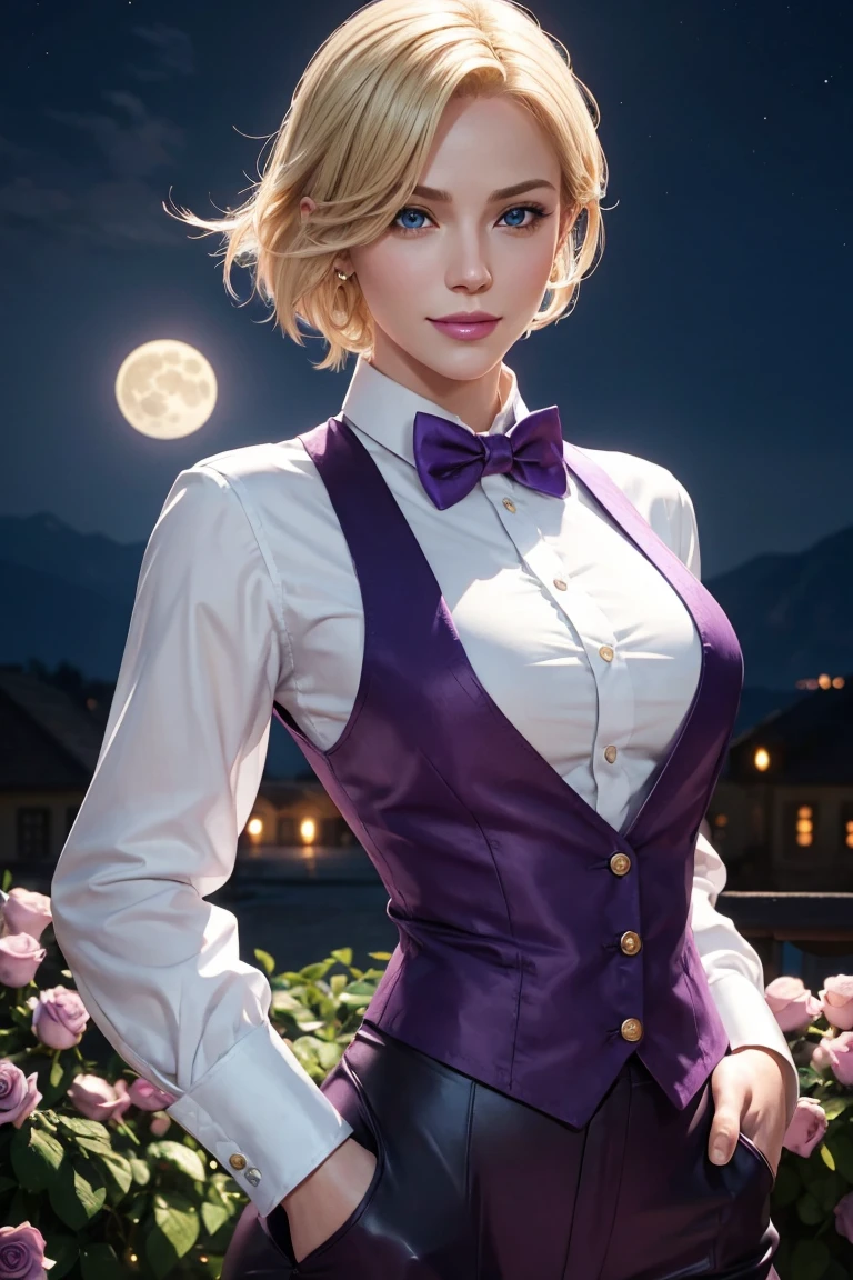 KOF,King of Fighters,King,Blue Eyes,Blonde Hair,Medium Hair,White long shirt,Purple vest,A bow tie,Beautiful white skin,Photorealistic,Ultra HD,high quality,masterpiece,Digital SLR,Detailed details,Intricate details,Anatomical basis,Depicted in detail,A detailed face,Realistic skin texture,Vivid details,Perfect Anatomy,Perfect Anatomy,Anatomically correct hand,Anatomically correct fingers,Super Detail,Complex 3D rendering,Sexy pose,Fantasy worldview,Beautiful Full Moon,,Beautiful night sky,Purple rose petals fluttering,Picturesque,Pink Lips,smile,