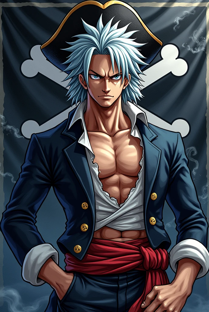 Create a Jolly Roger flag in the style of the One Piece anime pirate with silver hair and a pirate hat.