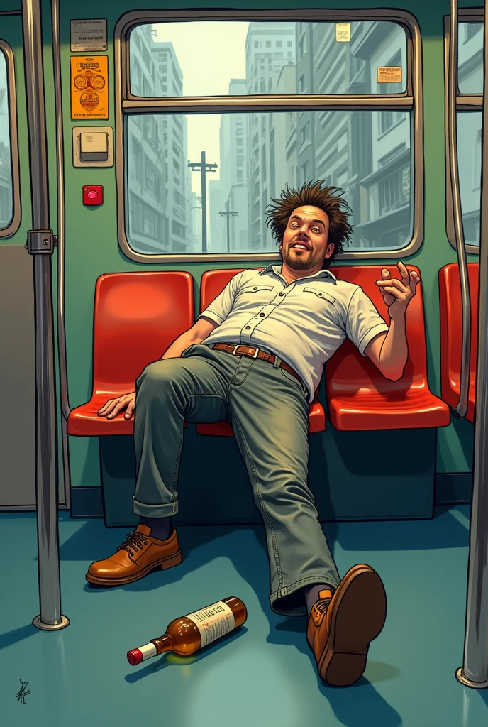 2d Cartoon Album art of a guy drunk in love, lying fully wasted in a subway bus, with one hand falling out, and a bottle rolled on the floor 