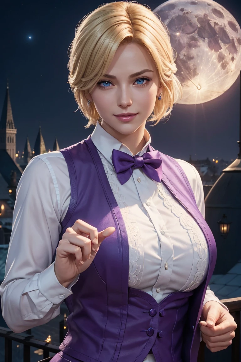 KOF,King of Fighters,King,Blue Eyes,Blonde Hair,Medium Hair,White long shirt,Purple vest,A bow tie,Beautiful white skin,Photorealistic,Ultra HD,high quality,masterpiece,Digital SLR,Detailed details,Intricate details,Anatomical basis,Depicted in detail,A detailed face,Realistic skin texture,Vivid details,Perfect Anatomy,Perfect Anatomy,Anatomically correct hand,Anatomically correct fingers,Super Detail,Complex 3D rendering,Sexy pose,Fantasy worldview,Beautiful Full Moon,,Beautiful night sky,Purple rose petals fluttering,Picturesque,Pink Lips,smile,