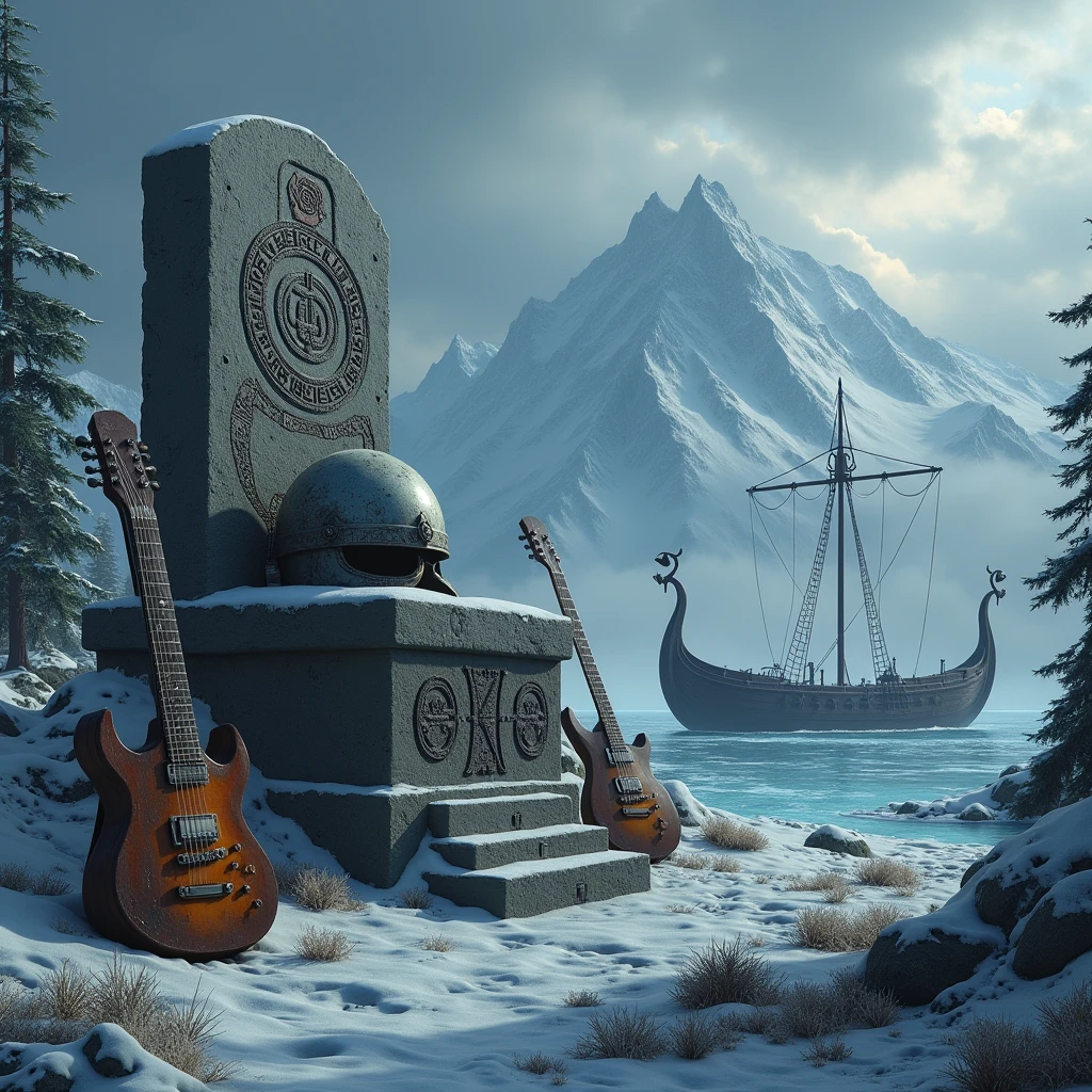 A desolate and snowy Nordic landscape, with rugged mountains and ice-covered pine forests. In the middle, a stone altar covered in ancient runes and pagan symbols, surrounded by musical instruments such as electric guitars and drums. A Viking helmet rests on a stone throne, surrounded by rusty weapons and armor. A drakkar (Viking ship) is stranded on the coast, with her sails torn and her keel splintered. The sky is covered with dark and stormy clouds, and an aura of mystery and power hangs over the landscape. The scene evokes the feeling of strength, nature and Nordic mythology that characterizes the Viking metal genre The focus of attention and center of the image, It is the throne with the instruments