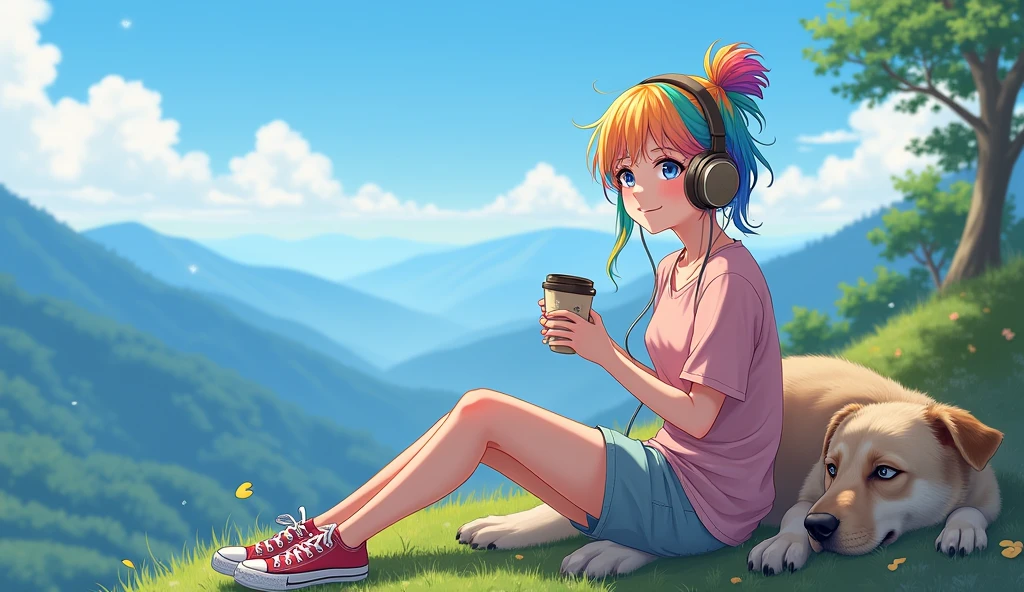 An e-girl with tied-up colorful hair and rainbow-like eyes, listening to calm music on headphones, with a sexy smile, holding a cup of coffee, wearing allstar, at the top of a mountain. An image that inspires calm, tranquility, lightness, simplicity, and comfort, 16:9, full hd, with a dog on the side