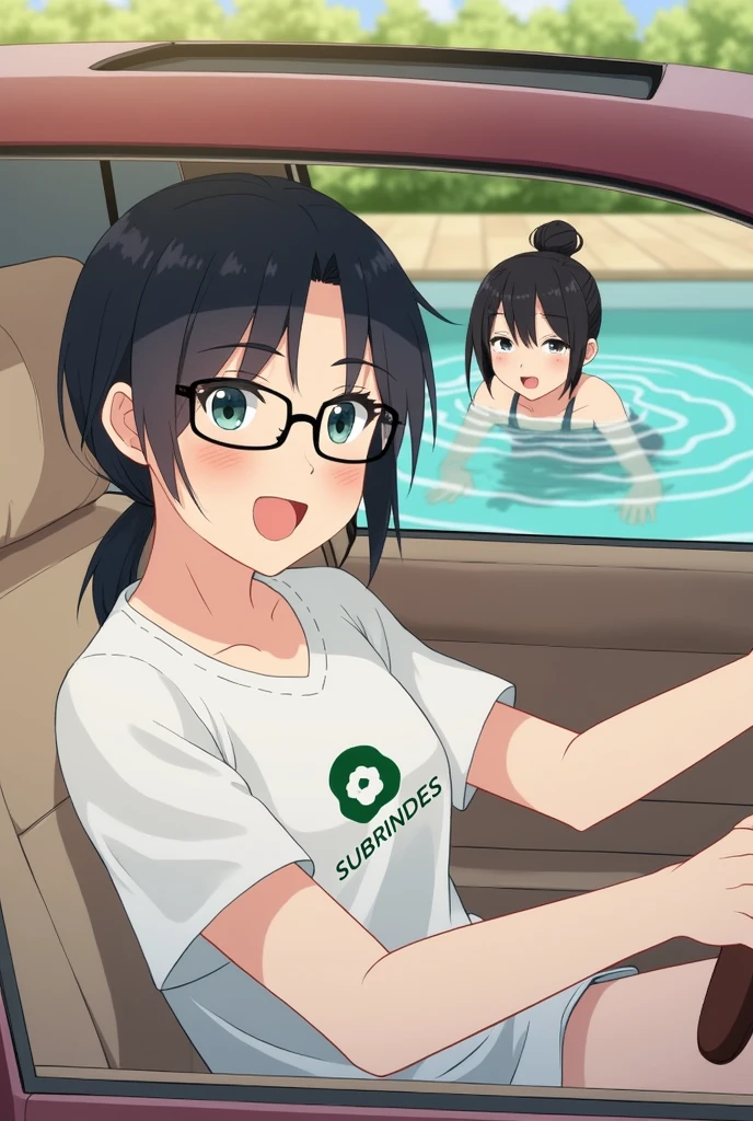 two friends inside the car. one with black hair tied up wearing black-framed glasses and happy wearing a white SUBBRINDES t-shirt and the other friend with black hair in a bun taking a dip in the pool