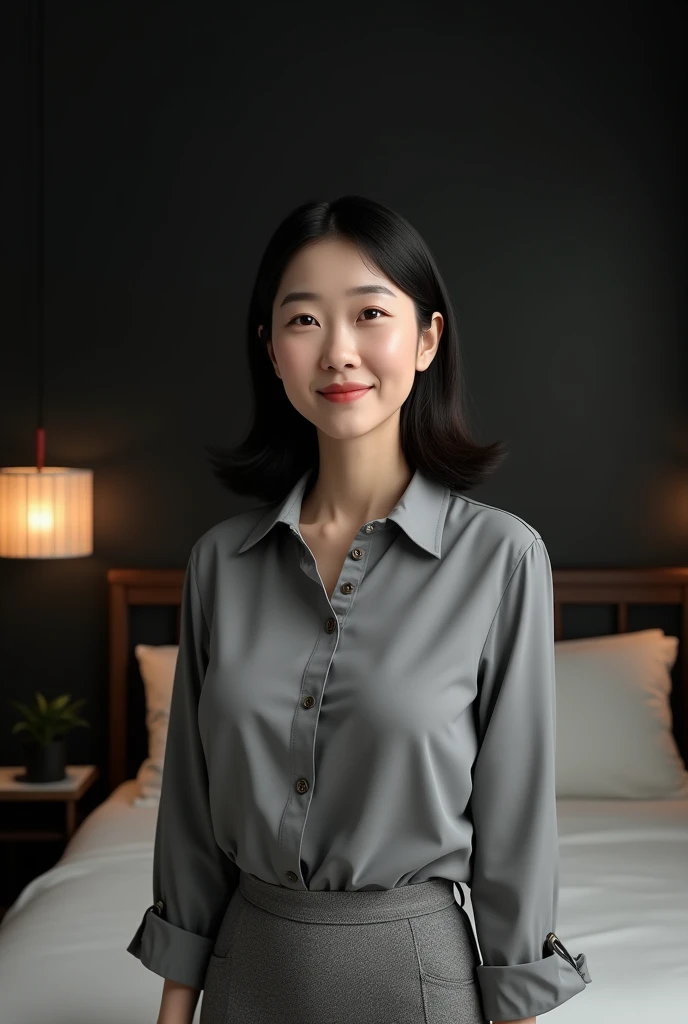 ((highest quality、8k、masterpiece:1.3))、Photorealistic, Sharp focus, High Quality, High resolution, alone, Japanese, A kind smile,Middle-aged women,5, ((Big Breasts:1.6)), (((Big ass 1.9)))、Medium Hair, Wrinkles around the eyes, grey blouse with collar、Grey tight skirt、((Up to the thighs))、Bedroom at home、Bedroom、The gaze that tempts me、A gentle smile、black wall background and have to be naked woman