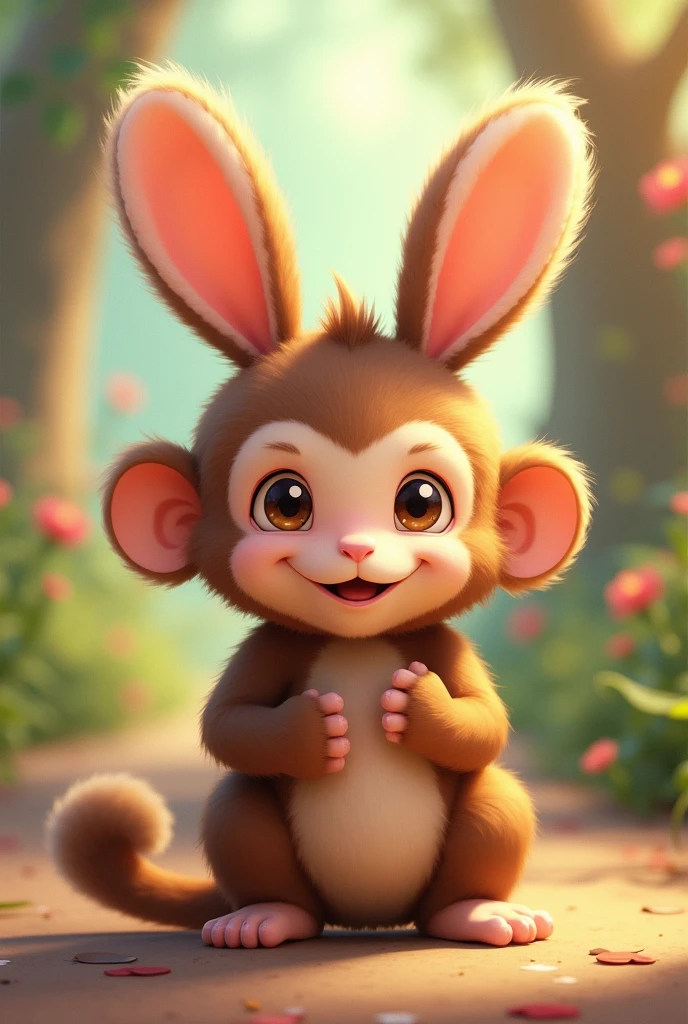 Create a cute brown monkey without monkey ears, with bunny ears and bunny tail, no monkey tail