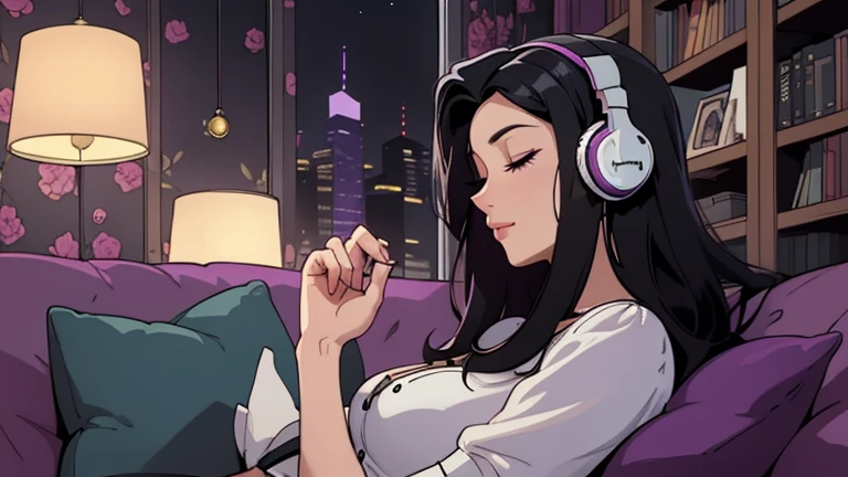Beautiful woman in her 30s with black hair is sitting with headphones on the sofa. Looking down, eyes closed, LOFI girl, alone in the room, blouse, cozy wallpaper, big cushion, bookshelf, relaxing mood, night core, cozy, wide glass window with skyscrapers, outside view at night, only five fingers, purple wall,