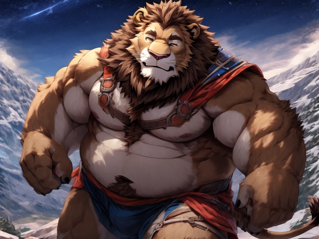 anime style, aid210, nj5furry, ((whole body)), ((gladiator armor)), standing, kick, ((plump middle-aged lion man)), BREAK ((brown eyes)), one eye closed, beautiful beard, beautiful ears, (male face:1.3), (big face:0.5), square jawline, (Male Eyes:1.2), (sharp eyes:0.8), (big eyes:0.5), male eyebrows, (innocent look:0.5), (beautiful black nails down to the last detail:1.2), BREAK (complete Anatomy), (detailed face:1.3), beautiful face, (detailed body), (beautiful hands:1.2), (detailed fingers:1.2), (detailed eyes:1.1), (beautiful Eyes:1.1), arm details, Leg Details, beautiful feet, BREAK Muscular anthlo, body hair, ((hairy skin)), fluffy, (detailed brown nipples:0.8), (blood vessel:-0.8), (glowing Skin:-0.7), (chest hair:0.5), (1 tail), (a beautiful and detailed small tail), BREAK night sky, mountain, outdoor,  ultra detailed, highest quality, ultra-high resolution, realistic, 16K, masterpiece, beautiful detailed, perfect solution, absurdists, (faint light),