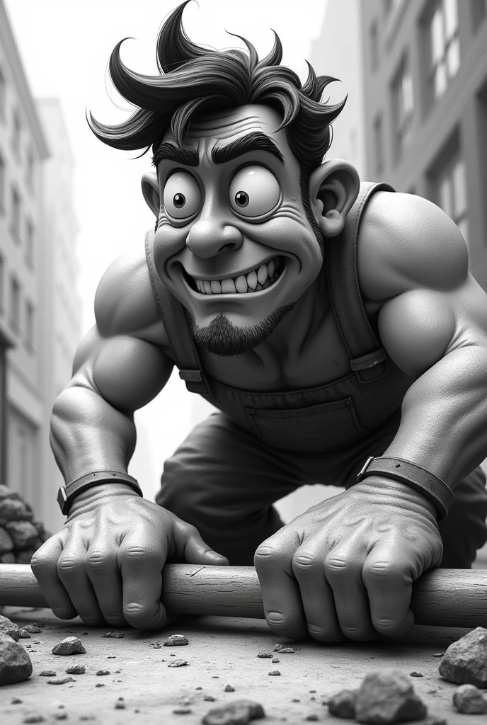 Work in the construction of human dignity, exaggerated cartoon, Close-up camera, black andwhite, exaggerated features, (Pixar-style)