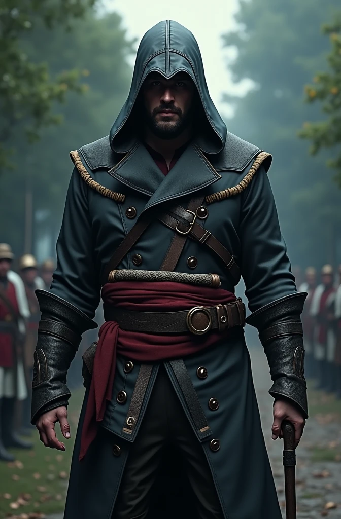 "Create an image of Connor from Assassin's Creed, depicted as obese. His usual sleek and agile Assassin outfit is now stretched and ill-fitting, with buttons straining and fabric bunching at the seams. The iconic hood is still present, but it struggles to cover his fuller face. Connor stands in a confident yet slightly humorous pose, perhaps holding his tomahawk, with the background showing a lush forest or a colonial town setting, adding to the contrast between his former athletic self and his current condition