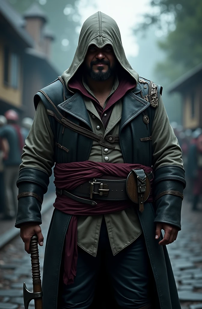 "Create an image of Connor from Assassin's Creed, depicted as obese. His usual sleek and agile Assassin outfit is now stretched and ill-fitting, with buttons straining and fabric bunching at the seams. The iconic hood is still present, but it struggles to cover his fuller face. Connor stands in a confident yet slightly humorous pose, perhaps holding his tomahawk, with the background showing a lush forest or a colonial town setting, adding to the contrast between his former athletic self and his current condition