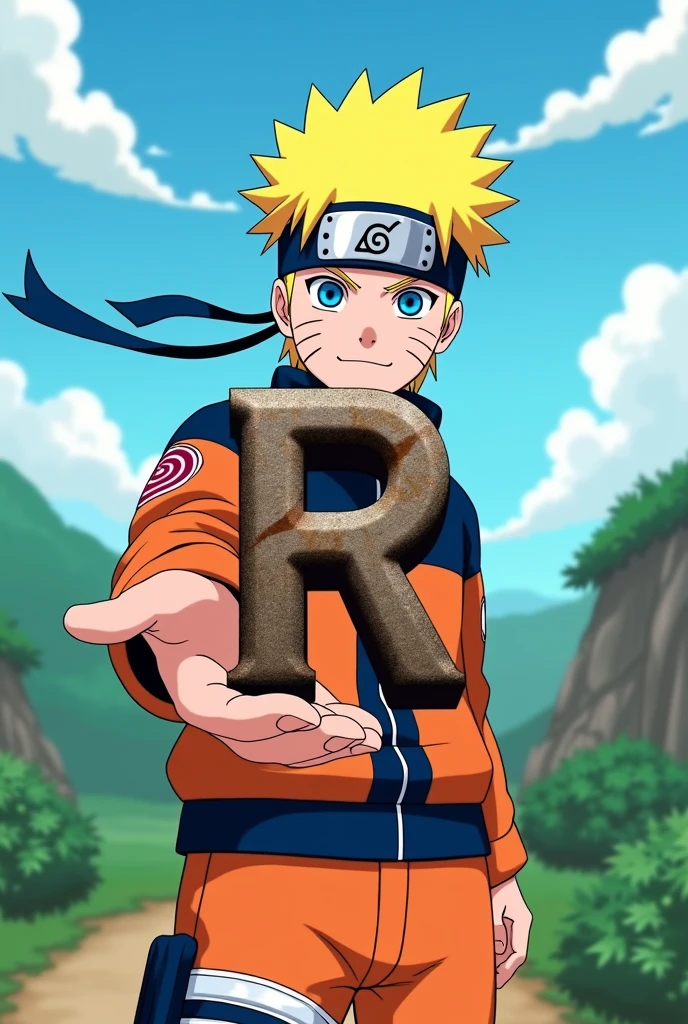 Naruto offering an object in the shape of the letter R to whoever is viewing the image