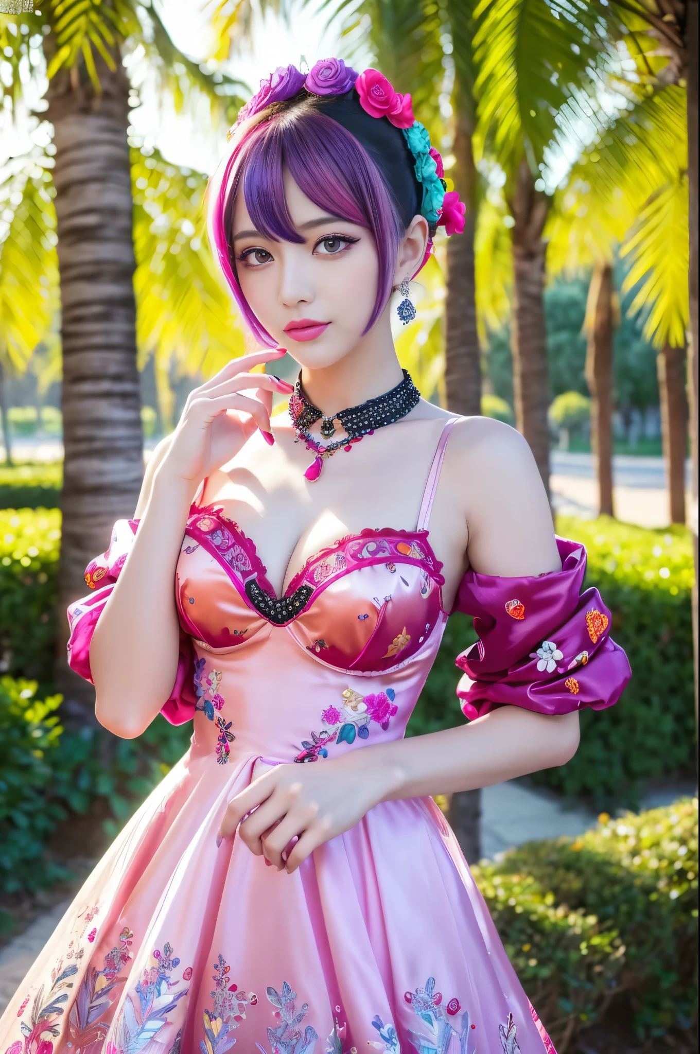 (masterpiece:1.4), (best quality:1.4), ultra high res, ultra high resolution, ((detailed facial features)), HDR, (realistic, photorealistic, photo-realistic:1.37), full body Esbian, sexy swedish model, (-anime), only 1 model, vivid colors, ((vivid colors multicolor (fuchsia, pink, light blue, purple) very short hair)), (seductive smile), lip-gloss, long lashes, defined eyebrows, wearing large sparkling colorful jewelery, wearing a red silk Paradise Kiss cosplay dress with black floral embroidery, ((vivid colors outfit)), vivid colors, look at the camera, cinematic light, large park background with trees, sweet and sexy pose