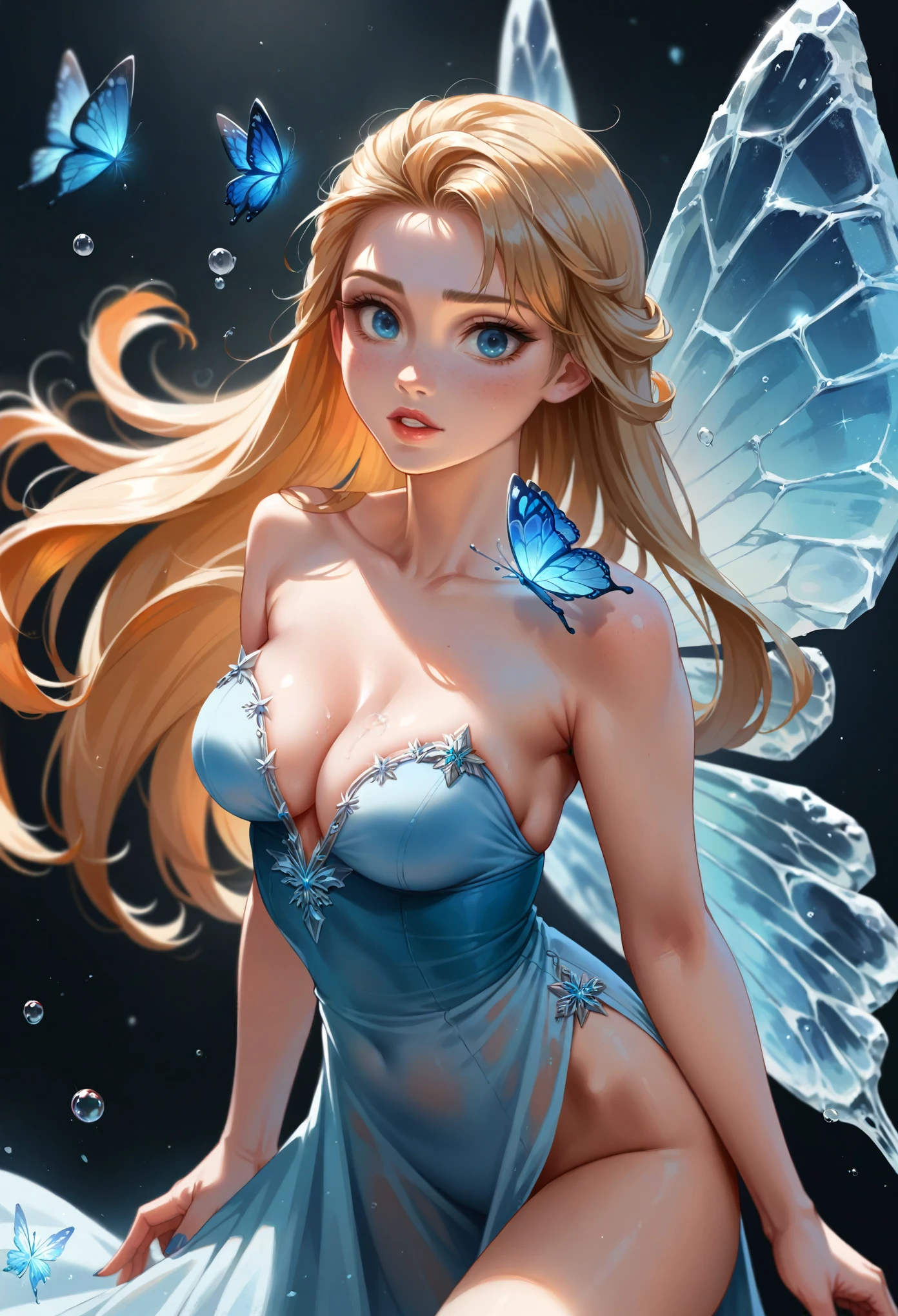 Frost Goddess,Frozen fluid,Ice World,ice,1girl,Translucent clothing,air bubble,blue butterfly,blue eyes,blue nails,breasts,Positive, character on the right, upper body, above knee level,Dynamic pose,bubble,Blue butterfly wings,butterfly wings,crystal,dress,glowing butterfly,long hair,looking at viewer,medium breasts,parted lips,solo,water