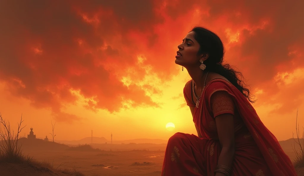 indian woman cry so hard and look to the fire sky in 1000s
