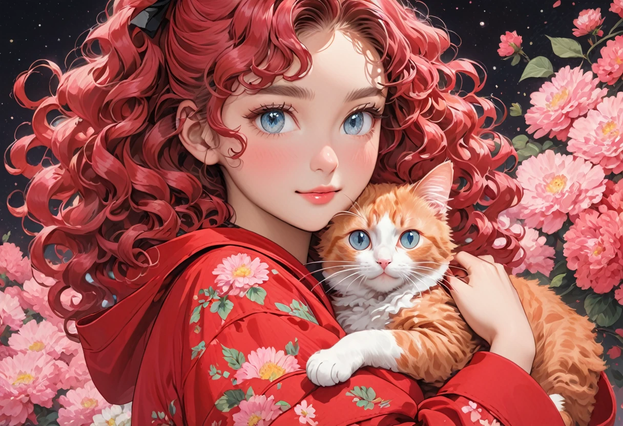 A young -skinned woman with curly hair with eyes in a red outfit holding a cat in her arms, pink hair