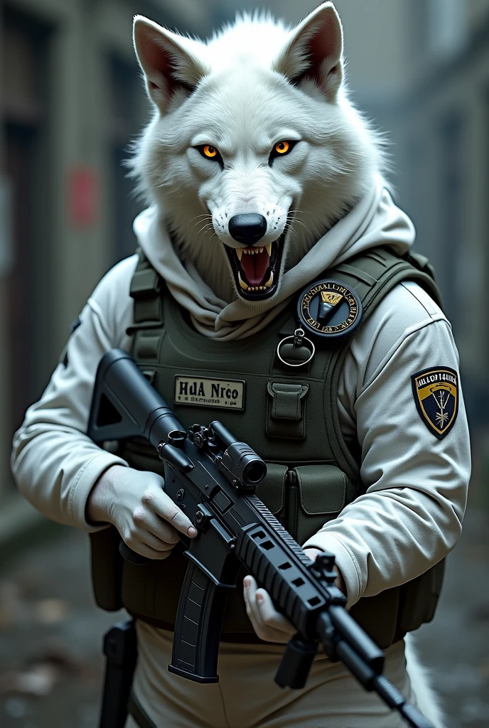I would like a special forces tactical police officer, With Uniform , white camouflage . But with a wolf face. With an mp5 weapon, tactic vest. And tactical helmet