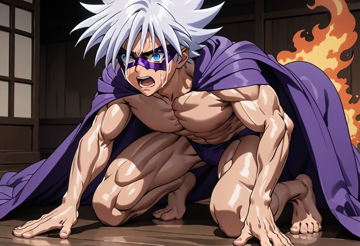 Highest quality,Masterpiece,Pro Art,8k,Based on anatomy,silk hat,Light purple hair,Eye mask,Purple Cape,Japan animated style,kait8uj8ker, white hair, spiked hair, Blue eyes,Full body image,(((Huge muscles,Huge erect penis,Anal Sex))),cramped suit,Crying face,Suffering face,Lots of drool, sweat and cum,,Shaking violently,(A fiery aura envelops the body), boy,Little,Complexity in facial depiction,Crawling on all fours and sucking a penis,Purple Capeとsilk hat,Orgy,