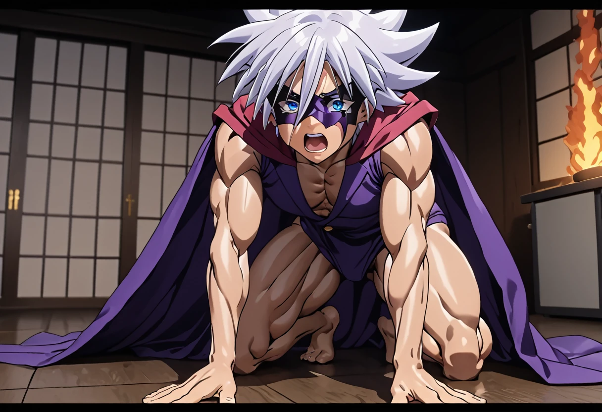 Highest quality,Masterpiece,Pro Art,8k,Based on anatomy,silk hat,Light purple hair,Eye mask,Purple Cape,Japan animated style,kait8uj8ker, white hair, spiked hair, Blue eyes,Full body image,(((Huge muscles,Huge erect penis,Anal Sex))),Open-air hot spring under the night sky,A bathtub lit by a lantern,cramped suit,Crying face,Suffering face,Lots of drool, sweat and cum,,Shaking violently,(A fiery aura envelops the body), boy,Little,Complexity in facial depiction,Crawling on all fours and sucking a penis,Purple Capeとsilk hat,Orgy,Bouncy Body,