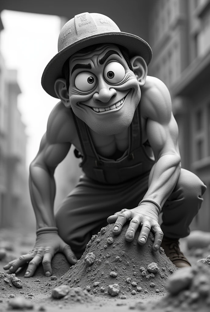 Work in the construction of human dignity, exaggerated cartoon, Close-up camera, black andwhite, exaggerated features, (Pixar-style)