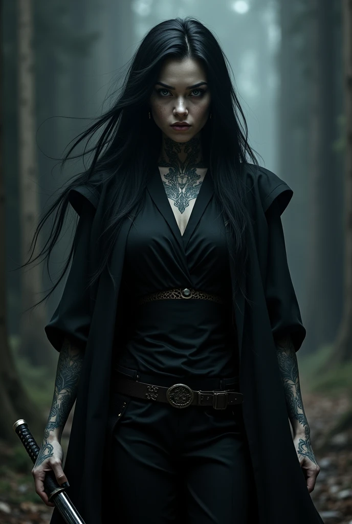 woman with long black hair, blue colored eyes, white skin color, intimidating, powerful, tattooed, with a black formal outfit. She has a katana in her hand
