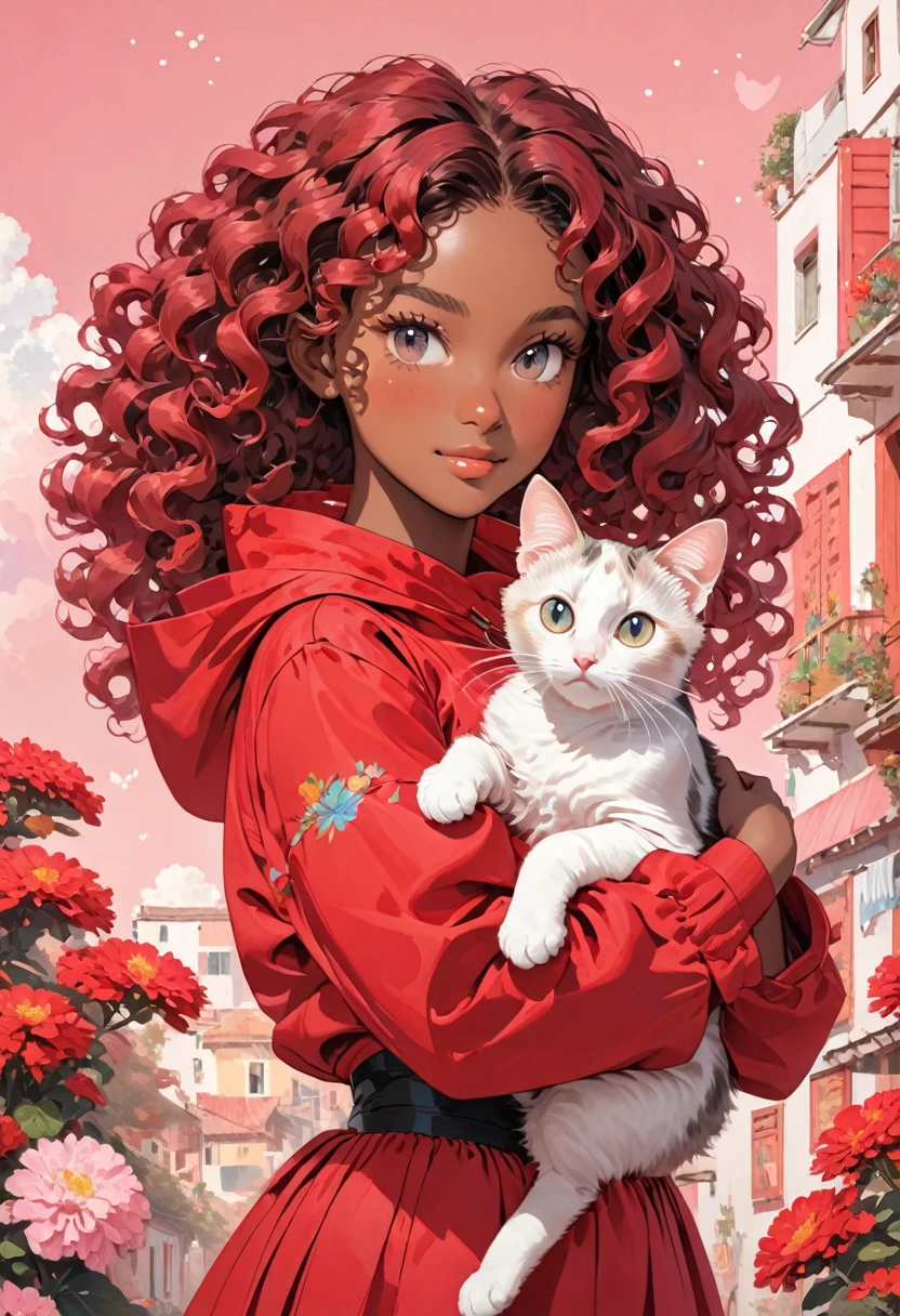 A young black-skinned woman with curly hair with eyes in a red outfit holding a cat in her arms, pink hair