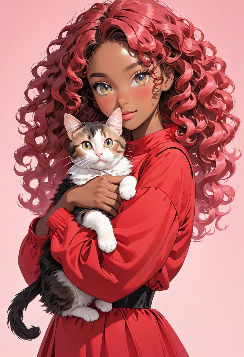 A young black-skinned woman with curly hair with eyes in a red outfit holding a cat in her arms, pink hair