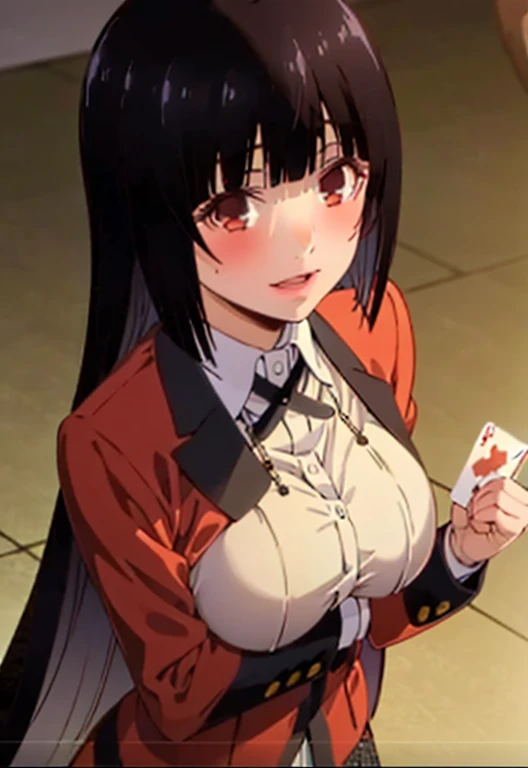(best quality:1.1), (artwork:1.4), close up, Portrait, 1 girl, Jabami Yumeko, red school uniform, Blunt bangs, Black hair, Black skirt, Looking at viewer, playing cards flying, whole body