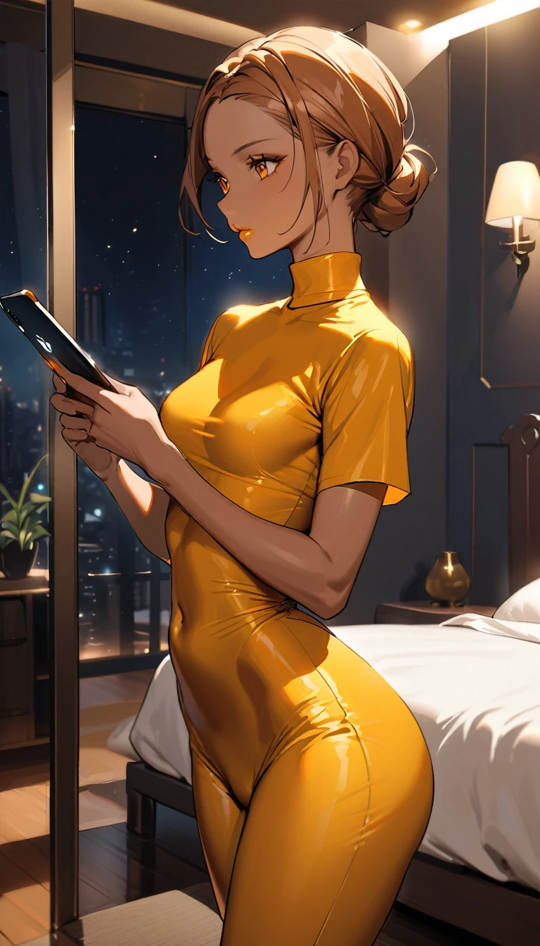 Beautiful 47y old woman with short undercut cornrows dark brown orange hair with brown eyes wearing ((Tight Brown Cirre Pants), ((Sexy Mock Neck Short Sleeves Yellow Orange Shirt)), standing in her bedroom at night, holding her cellphone, (dark-tanned skin), (light brown lipstick), (elegant mascara), (slim body), (small breasts), (wide hips), midjourney, <lora:GoodHands-, <lora:GoodLegs-, UHD, high resolution, (expressive eyes, perfect face, full body, expressive face, perfect body, perfect pussy, athletic, fit, slim body, blushing, Perfect makeup, eyeliner, beautiful eyelashes, smiling, horny face), ((best illumination, best shadows)), ((sexy pose)), score_9_up, score_8_up, score_7_up