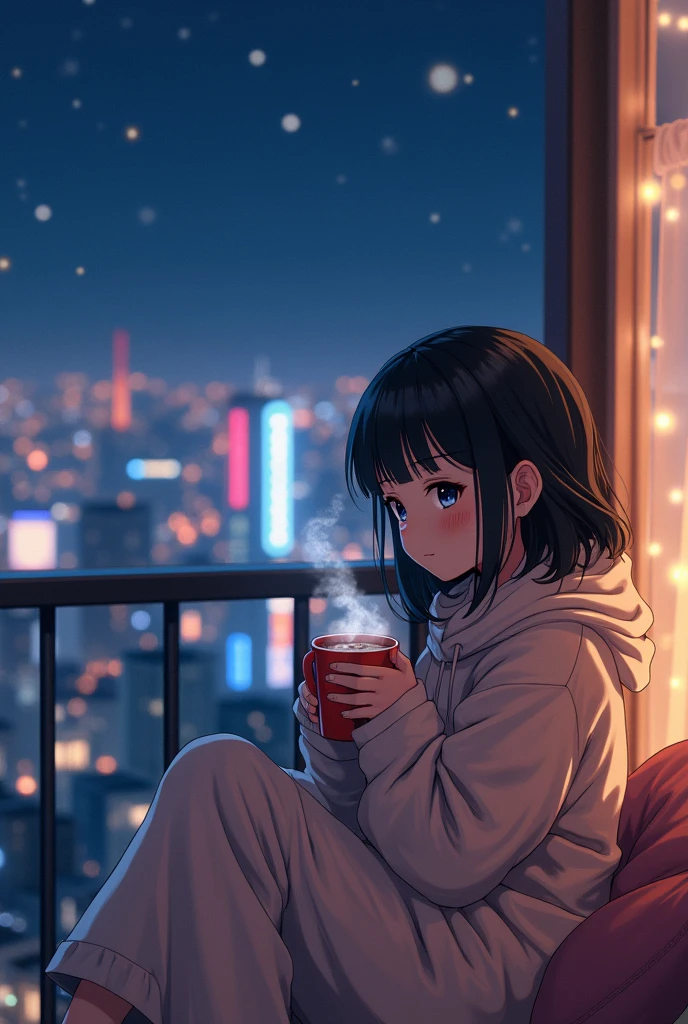 80&#39;s、anime、Balcony、Night view、girl、winter、Mug、cocoa、cute、Black Hair、Tokyo、