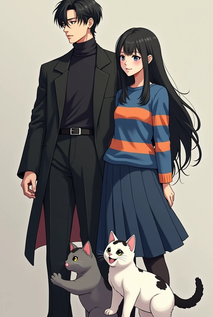 A tall adult man with black hair in the kpop idol style, korean traits, white skin and dressed in black jeans and a black sweater next to an adult woman with long black hair in the style of a kpop idol, dressed in blue jeans and a blue and orange striped sweater next to two black kittens, one grey and one white with black spots in anime style