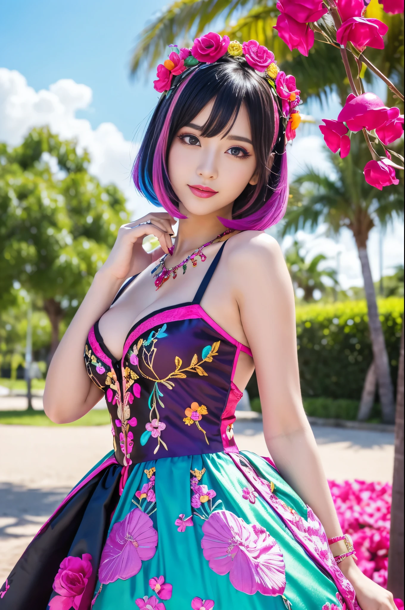 (masterpiece:1.4), (best quality:1.4), ultra high res, ultra high resolution, ((detailed facial features)), HDR, (realistic, photorealistic, photo-realistic:1.37), full body Esbian, sexy swedish model, (-anime), only 1 model, vivid colors, ((vivid colors multicolor (fuchsia, pink, light blue, purple) very short hair)), (seductive smile), lip-gloss, long lashes, defined eyebrows, wearing large sparkling colorful jewelery, wearing a red silk Paradise Kiss cosplay dress with black floral embroidery, ((vivid colors outfit)), vivid colors, look at the camera, cinematic light, large park background with trees, sweet and sexy pose
