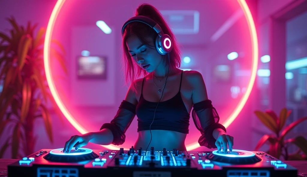 a female DJ with headphones glowing in neon, the mixer glowing in neon, low-light environment