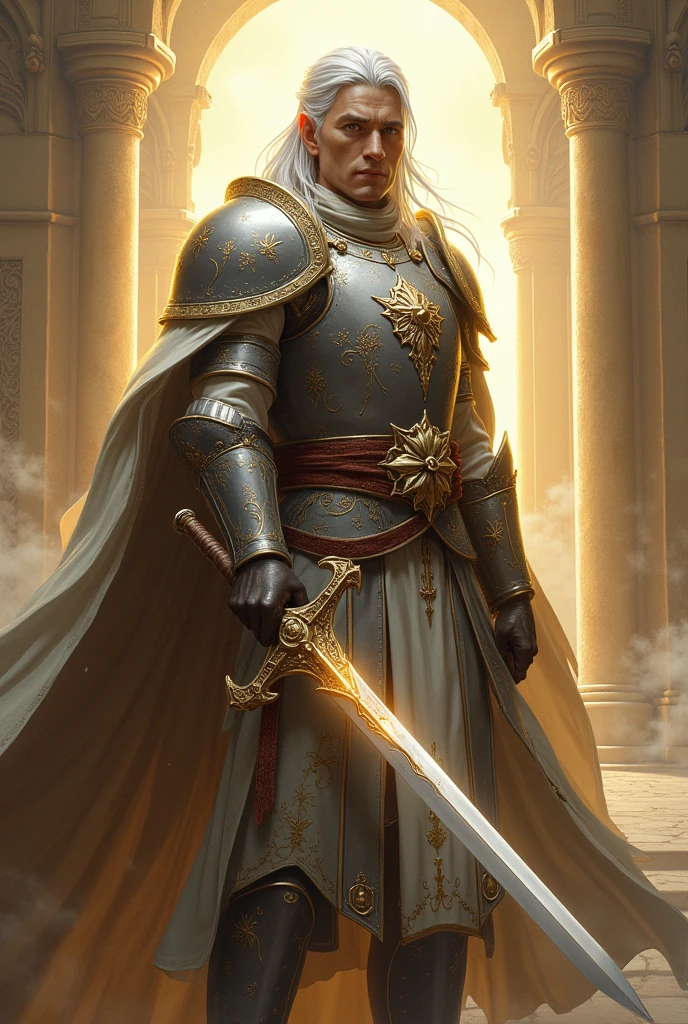 a holy looking male half elf paladin (Dungeons & Dragons), holding a sword and shield, white silver hair, wearing a helmet, holy scenery, no cape