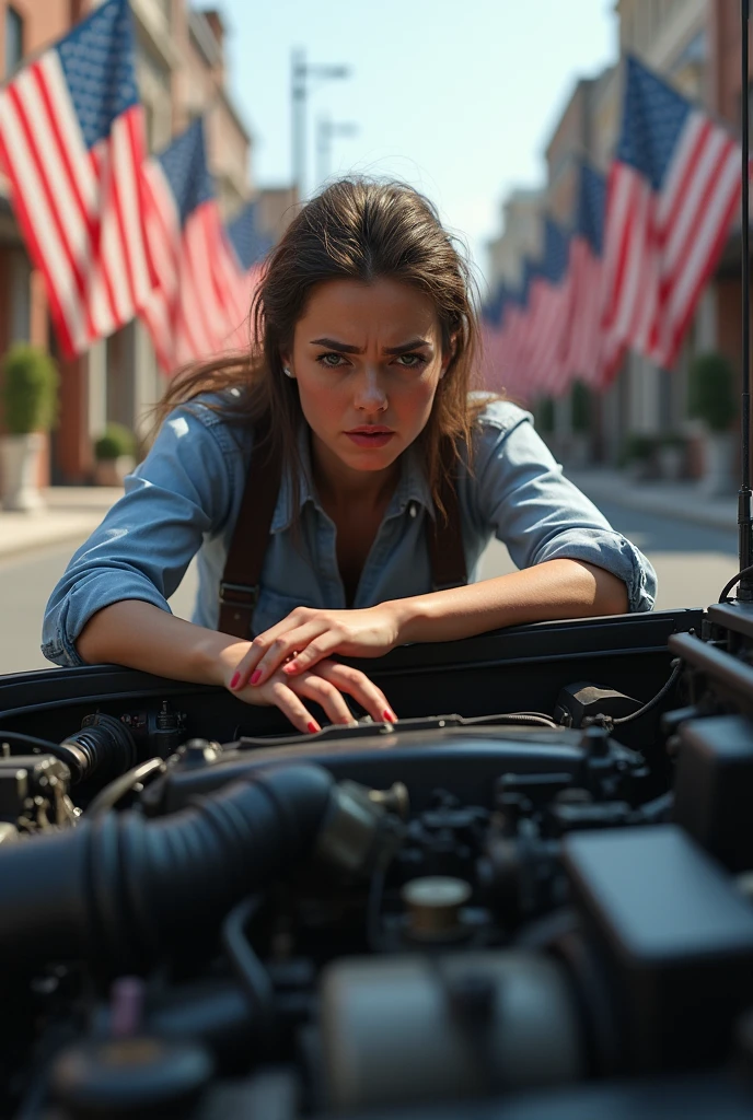 Worried realistic woman in the middle of a street in the United States with American flags with a mechanical failure in a vehicle checking it