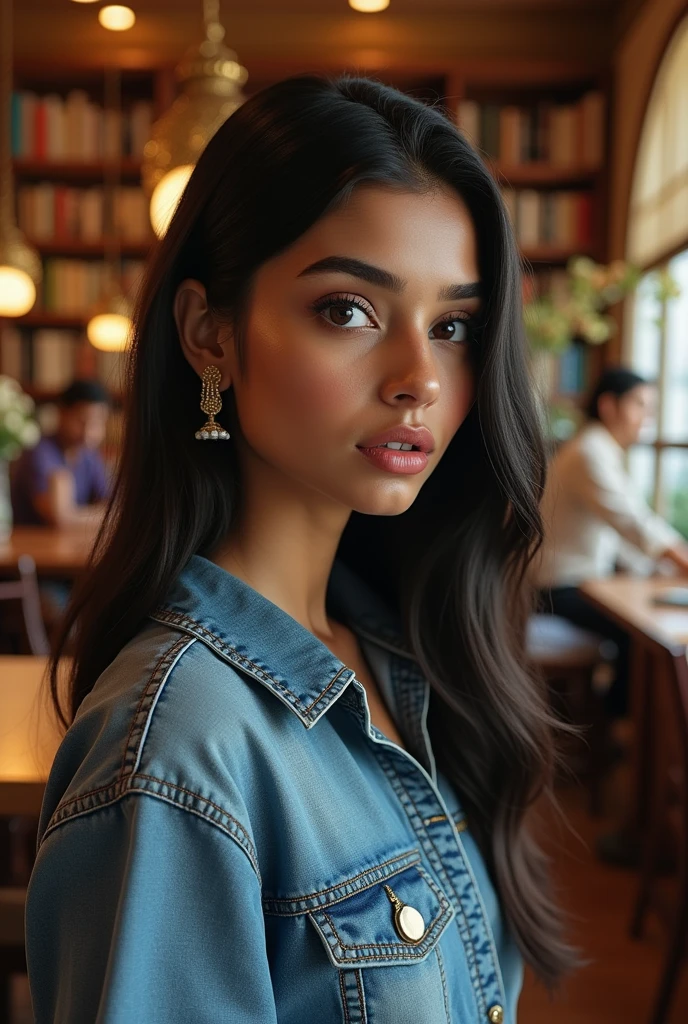 a beautiful gorgeous brown Tamil girl, sleek chick, slender feminine, beautiful detailed eyes, beautiful detailed lips, extremely detailed eyes and face, long eyelashes, ashamed expression, shocked expression, wearing denim shirts, sports pants, shoes, ornaments, glamorous photoshoot, inside a royal book shop, cinematic effects, tables, chairs, books, flower vases, shelves, people in the background, ((zepto-pixel detailing of face & eyes & anatomy &background)), HDR, hyper realistic face detailing, ultrarealistic photography, photorealistic, photorealism, zeta pixel image