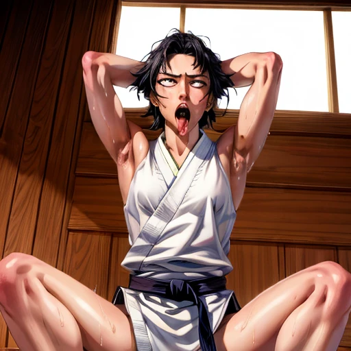 ((((masterpiece, best quality, high resolution)))), Extremely detailed 8K, 1 female, wearing a white Karate gi, (ahegao),white eyes, Small breasts,full body, kneeling, tired, (muscle:1.4), japanese clothes,  No underwear,No eyeballs, Facing the audience, looking at the audience, tired, from below, (Exposed armpit:1.1), ((armpit:1.2)), sexy, Sweating, More and more sweat,(ahegao), (Roll your eyes),  open mouth, Sticking out tongue, saliva, Slobber,Skinny, raise arms, (arms above head:1.5)(Ultra HD, Ultra-detailed, Highly detailed, Highly realistic, Ultra-realistic, photograph realistic), (1girl:1.5), (Realistic black hair), (dynamic poses), facing at camera, looking at viewer, (slightly serious face), (perky breasts:1.2), (beautiful detailed face, beautiful detailed eyes), ((worn out karate gi)), (preparing for a fight), sweat, glow, (sunbeam, sunlight), ((cowboy shot)), inside a training gym, seductive, EnvyBetterHands LoCon,