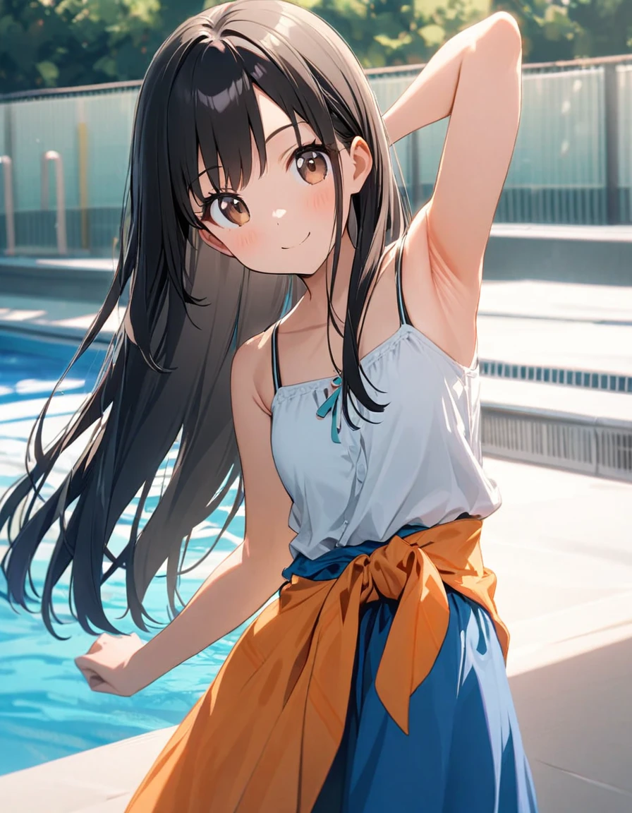 Nagatoro Hayase, obra maestra, retrato, arte oficial, 1girl, cabello negro, brown eyes, brown skin, feliz, Apoyado en un puente, parque, trees,(((only swimsuit turtleneck))) ,(((swimsuit only ))),((sin mangas)),
