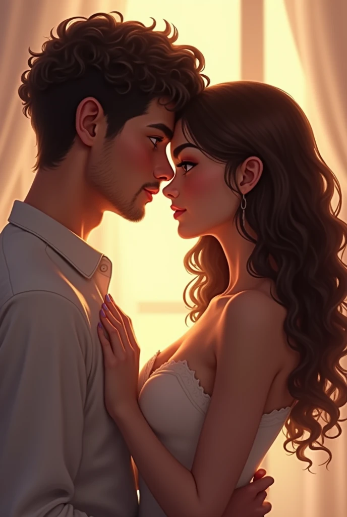 a couple, a woman with wavy hair and brown eyes and a man with curly brown eyes and no beard