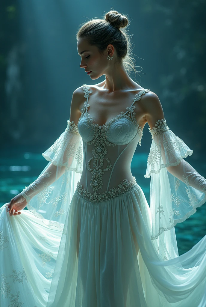 an outfit for a dance that deals with the sea, the fabric looks light with details and the arms have sleeves with bare shoulders, that the chest part is a straight cut and that the girl has simple accessories