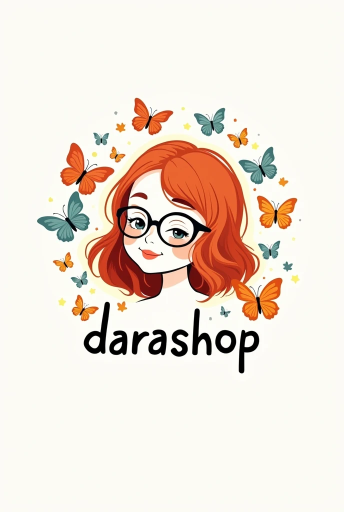 logo in 2d, with butterflies , of a white girl with copper hair, glasses and that says DaraShop.